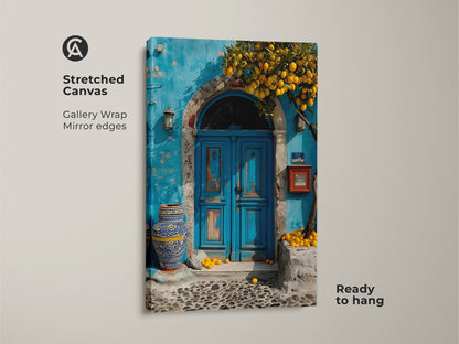 Stretched Canvas Print features a Mediterranean blue door and lemon tree. Gallery wrapped with mirror edges. Ready to hang this boho coastal art is a perfect travel lovers gift. The azure and yellow colors bring a vibrant touch to any space.