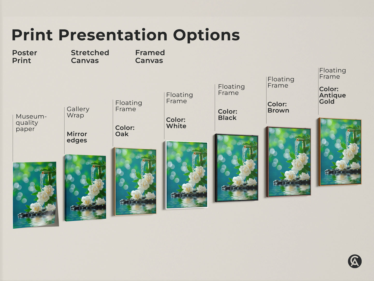 Explore print presentation options with this zen artwork. Choose from poster prints stretched canvas and framed canvas. Each option features white peonies a bamboo fountain and water flowing over stones. Find the perfect style for your decor.