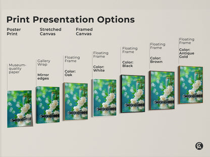 Explore print presentation options with this zen artwork. Choose from poster prints stretched canvas and framed canvas. Each option features white peonies a bamboo fountain and water flowing over stones. Find the perfect style for your decor.