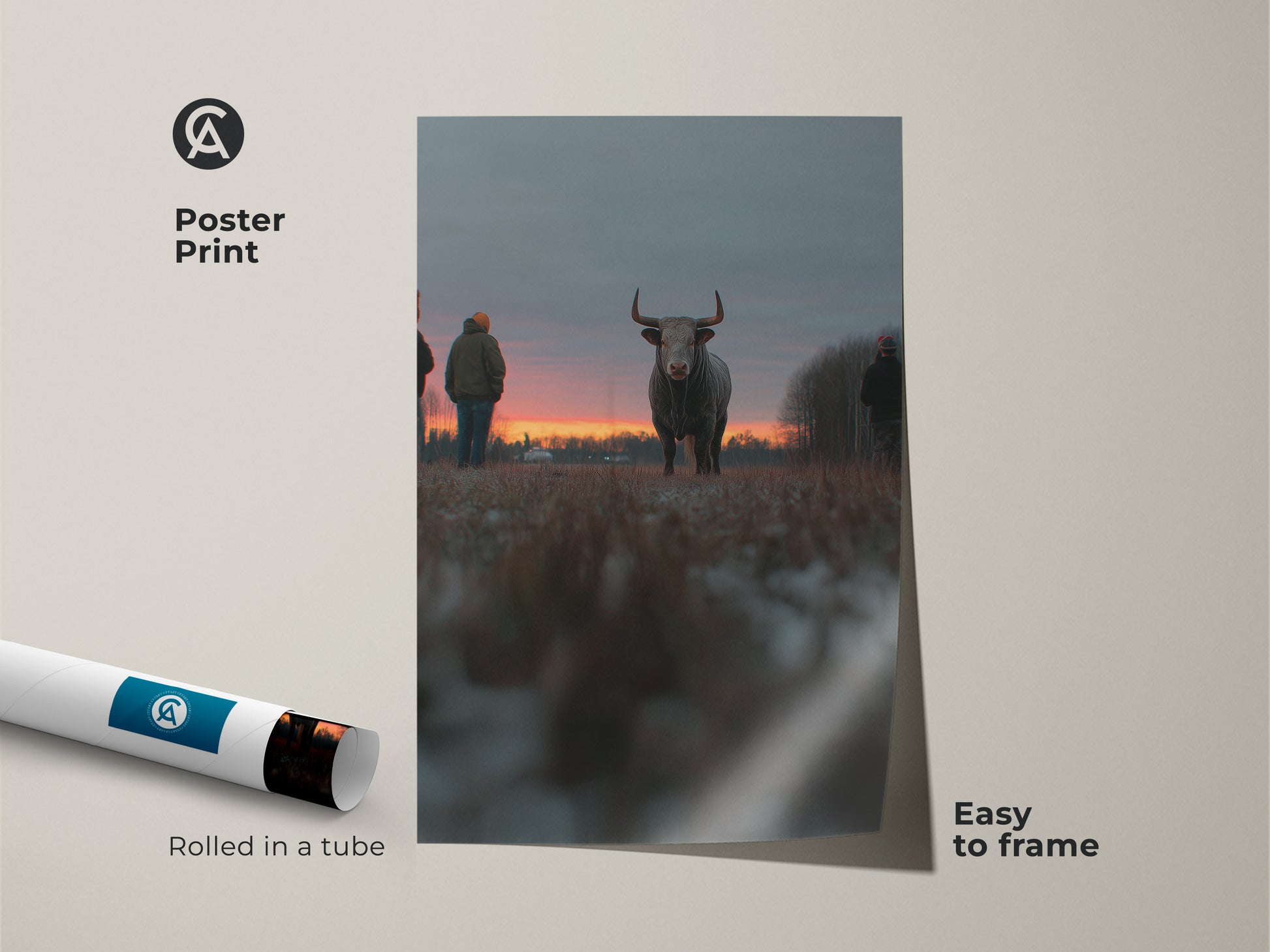 Poster print featuring a bull standing in a field during sunset. Easy to frame this rural landscape print adds countryside charm. Rolled in a tube for protection. This artwork is perfect for farm lovers. The bull portrait canvas brings nature's beauty indoors