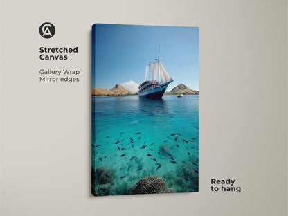 A stunning ocean view wall art on stretched canvas. It features a majestic sailing ship on turquoise sea canvas art. See a deep blue fish school. This is ready to hang as bedroom wall art nautical. Coastal nautical decor brings the tranquility of the sea.