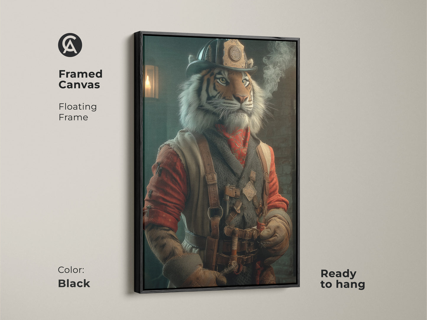 A framed canvas featuring a steampunk tiger artwork in a black floating frame. This character portrait canvas shows a tiger dressed as a firefighter. Ready to hang it is perfect for themed man cave art. This unique animal artwork enhances study or office wall decor. A cool tiger painting.