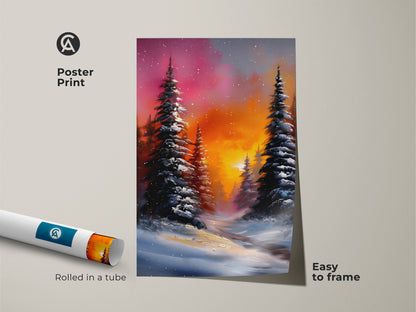 Poster print of a winter forest scene. The artwork showcases snow-covered pine trees and a vibrant orange pink sky. Rolled in a tube and easy to frame. Ideal impressionistic winter wall decor.