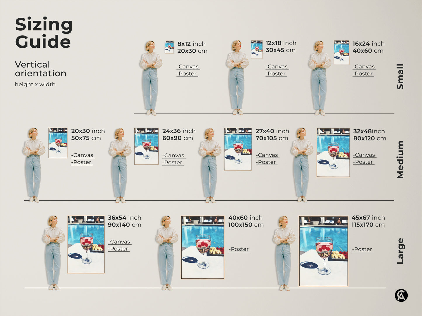 Sizing guide for vertical poolside raspberry wine art. Available in sizes from small to large. Perfect canvas or poster for any space. Visualize the artwork's impact with a model for scale. Enhance your decor effortlessly.