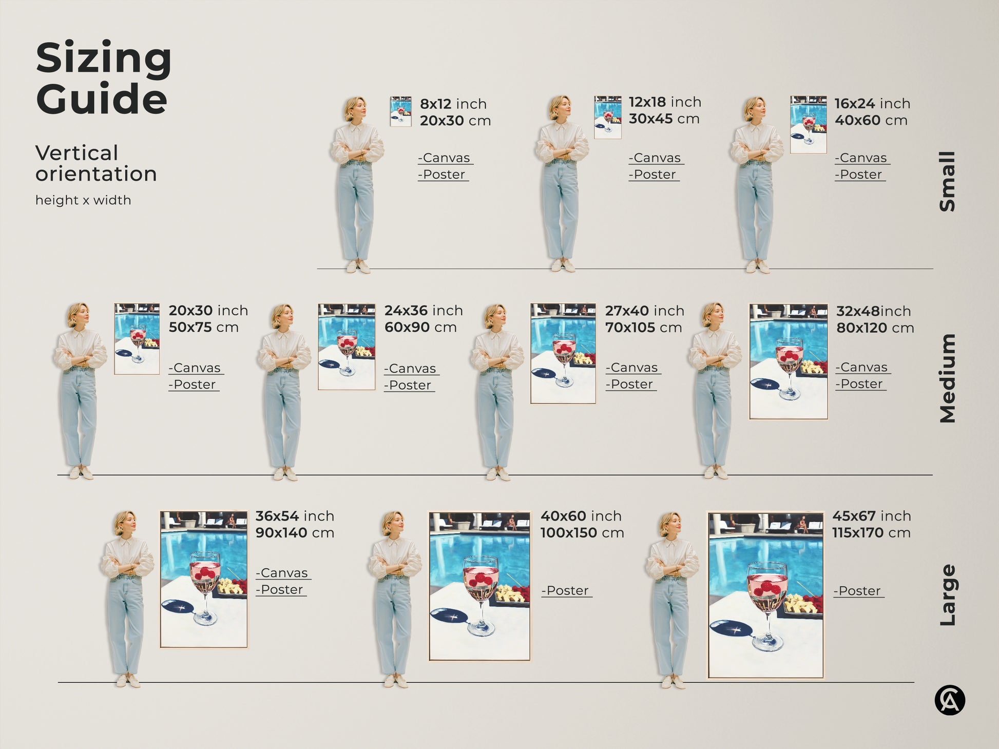 Sizing guide for vertical poolside raspberry wine art. Available in sizes from small to large. Perfect canvas or poster for any space. Visualize the artwork's impact with a model for scale. Enhance your decor effortlessly.