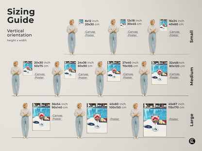Sizing guide for vertical poolside raspberry wine art. Available in sizes from small to large. Perfect canvas or poster for any space. Visualize the artwork's impact with a model for scale. Enhance your decor effortlessly.
