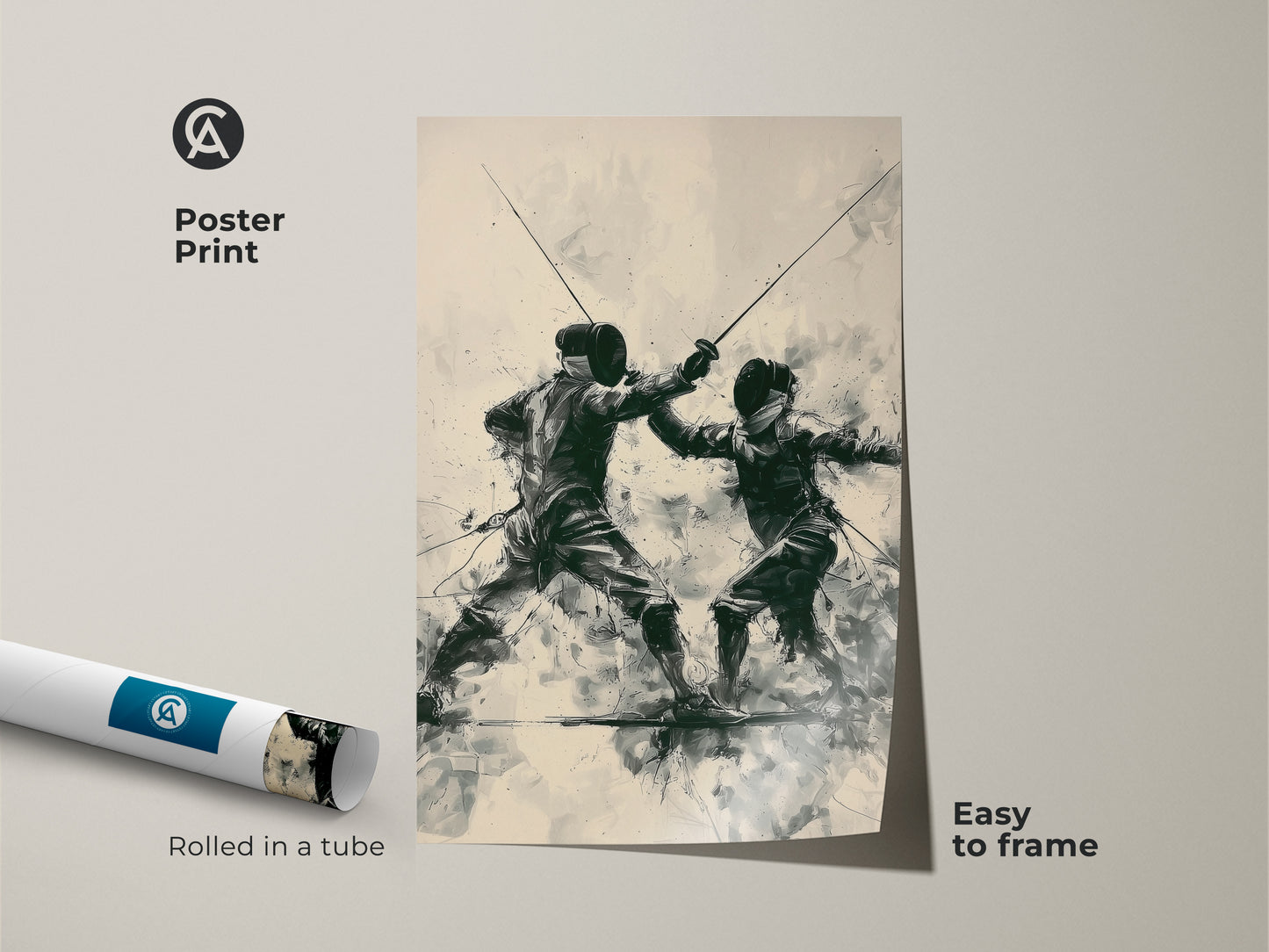 Poster Print featuring a fencing duel. This modern sports artwork is rolled in a tube for easy framing. The beige and dark green art is a unique gift for athletes. Add a dynamic touch to any sports themed room.
