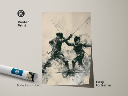 Poster Print featuring a fencing duel. This modern sports artwork is rolled in a tube for easy framing. The beige and dark green art is a unique gift for athletes. Add a dynamic touch to any sports themed room.
