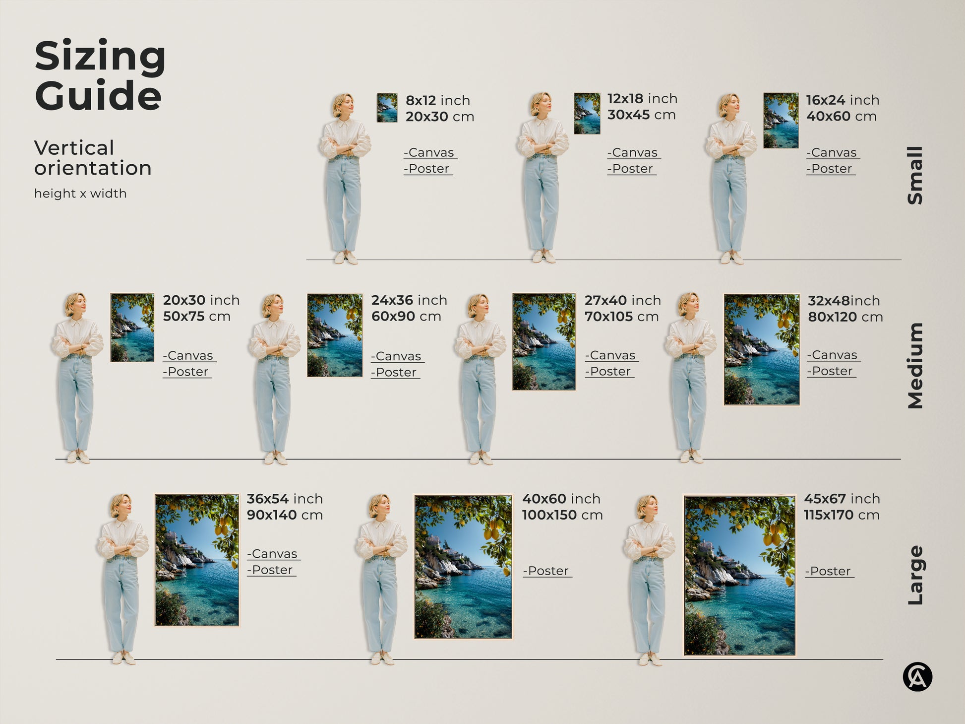 Sizing guide for Oceanic Encounter vertical art. Available in small medium and large sizes. Choose from canvas or poster prints. The blue green underwater scene features a woman and shark. Find the perfect size for your space. Contemporary marine life decor for any room. Perfect housewarming gift.