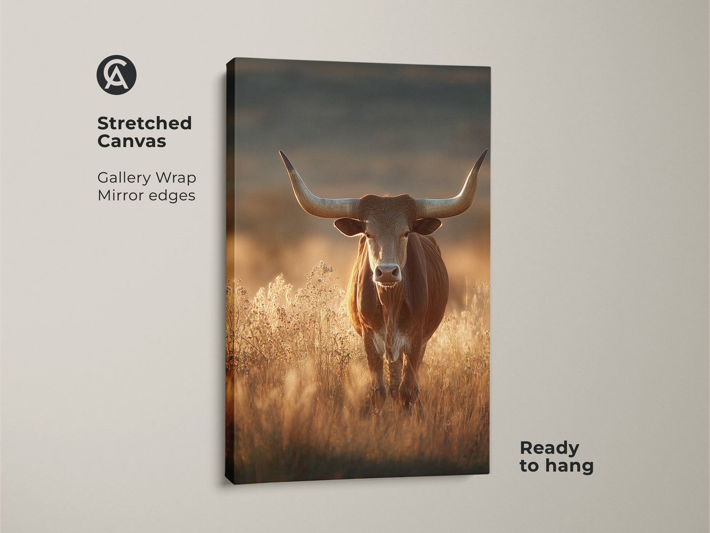 Stretched canvas print of a longhorn bull in a savanna setting. The rustic western wildlife art showcases warm brown and earthy tones. The photorealistic animal print is ready to hang. It will bring the beauty of a western landscape to your home. This is perfect rustic farmhouse decor.