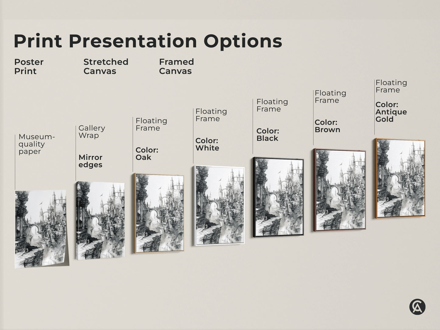 Explore print presentation options for fantasy city artwork. Choose from poster prints stretched canvases and framed canvases. Each offers museum-quality detail. Find the perfect style for your home decor today.