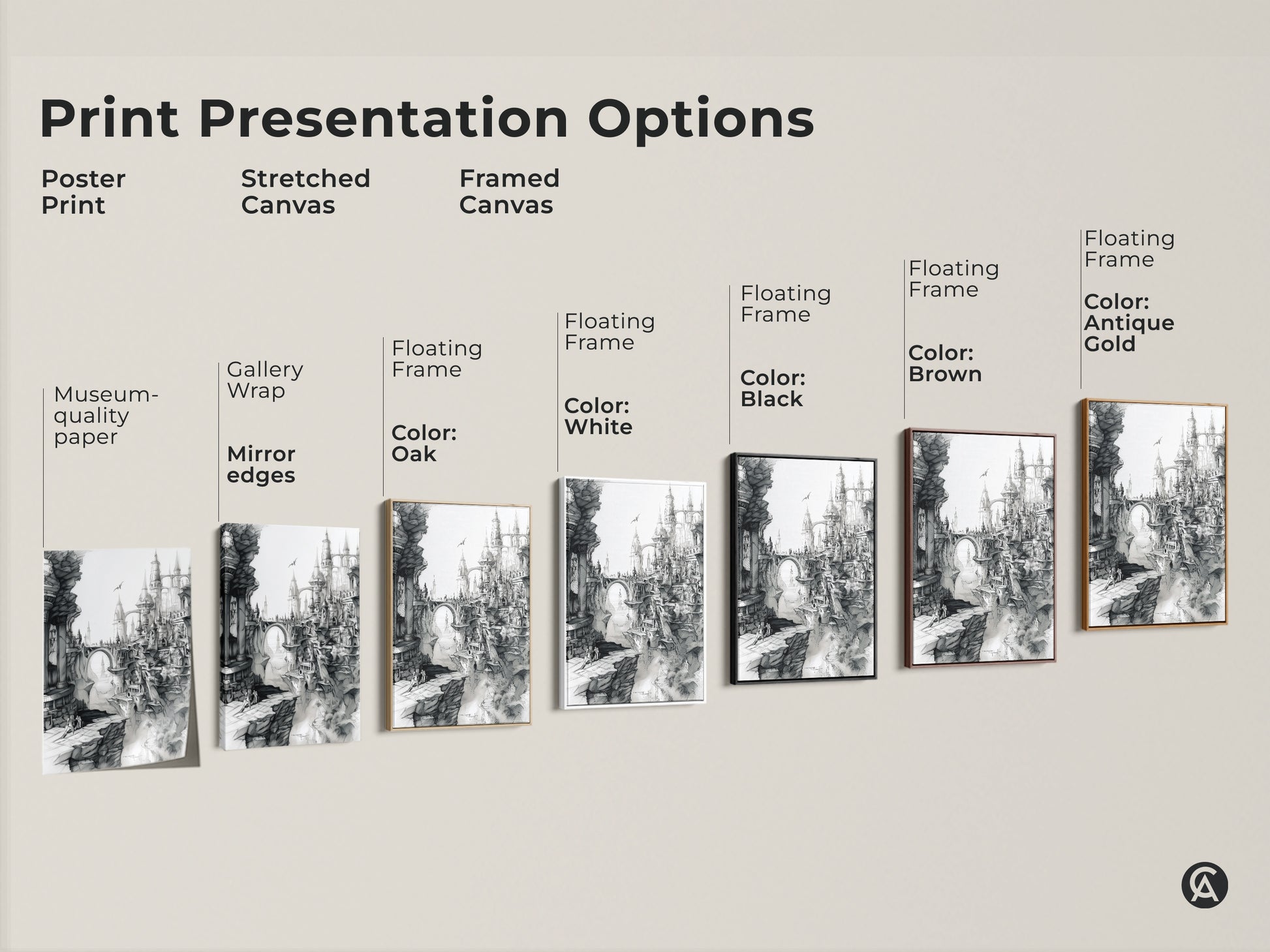 Explore print presentation options for fantasy city artwork. Choose from poster prints stretched canvases and framed canvases. Each offers museum-quality detail. Find the perfect style for your home decor today.