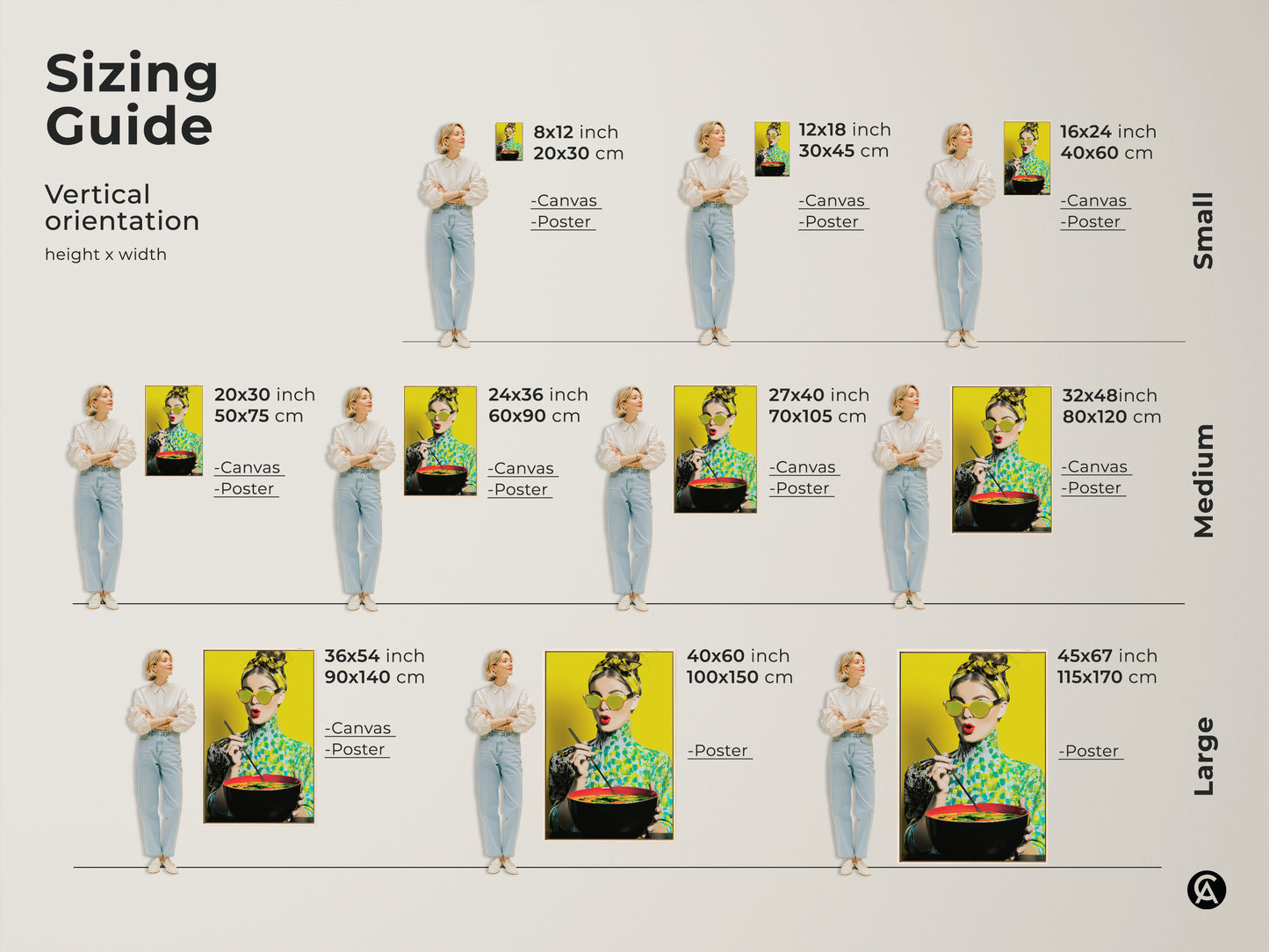 Size comparison of the pop art woman with noodles canvas print. See how different sizes fit above a sofa. Options include 20x30 inch to 45x67 inch. Perfect for adding a colorful statement to your kitchen or living room wall.