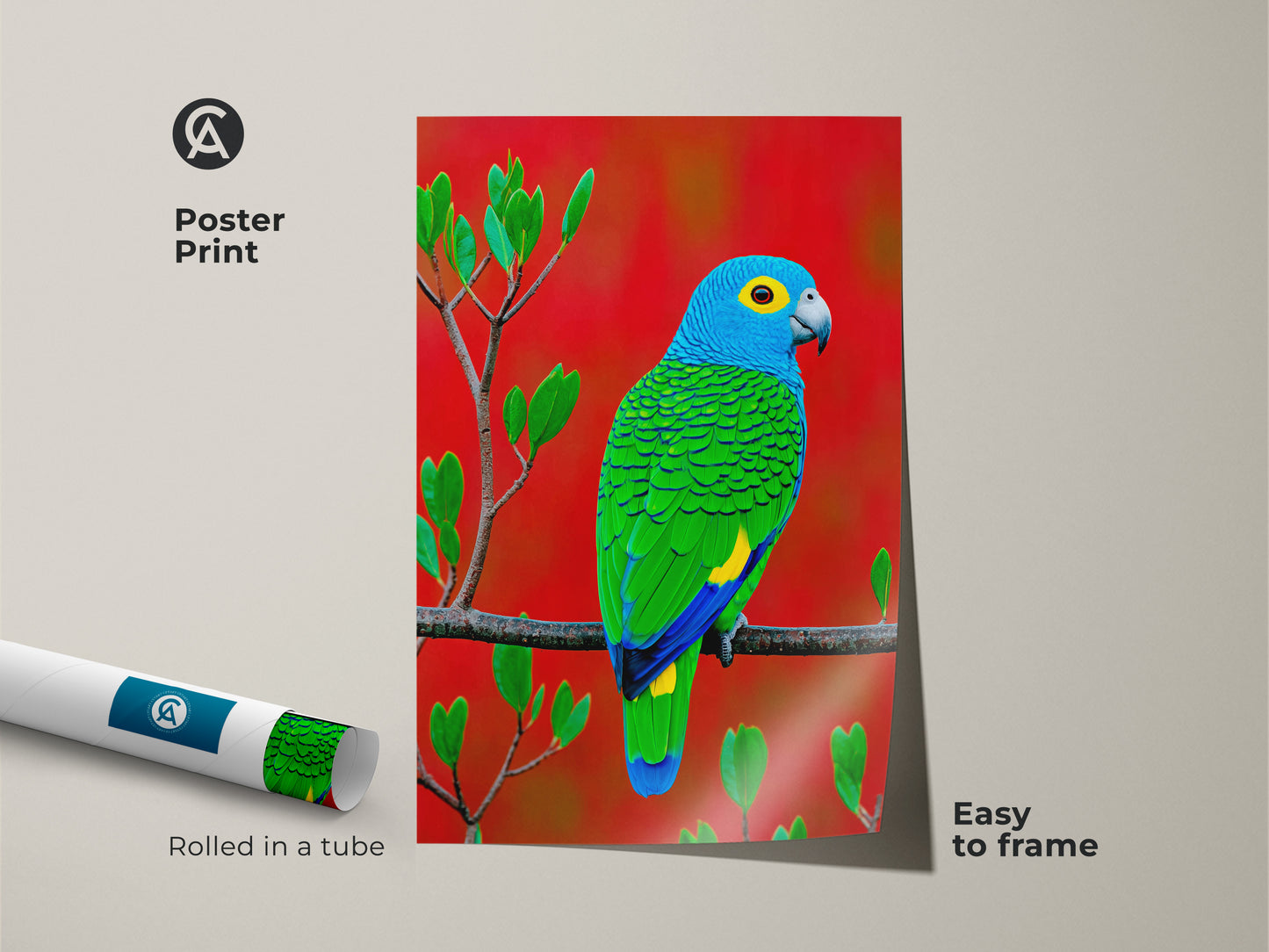 This museum-quality poster print presents a blue green parrot against a vivid red backdrop. Easy to frame this tropical bird artwork brings exotic nature into your home. Rolled in a tube for protection and convenience.