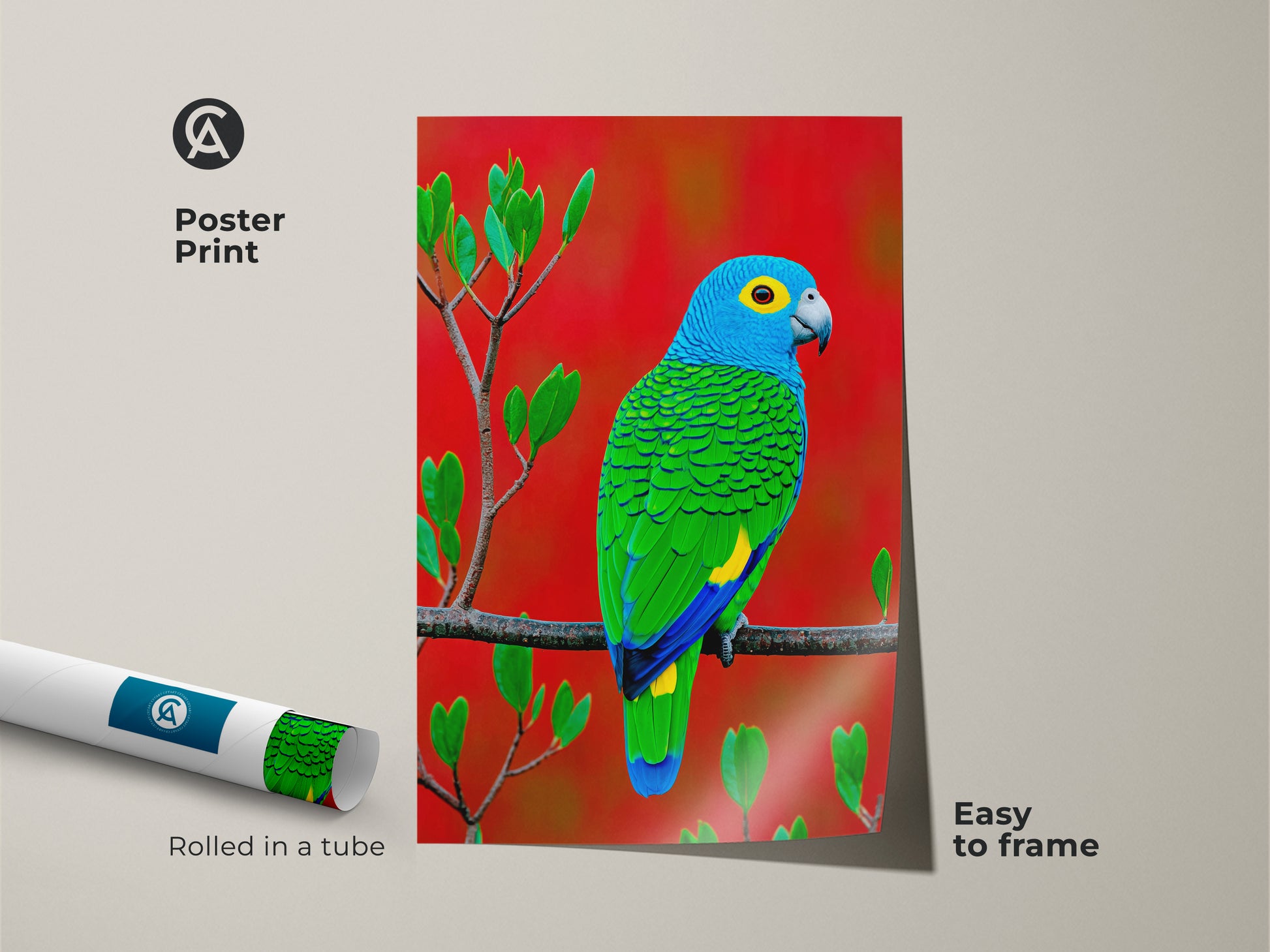 This museum-quality poster print presents a blue green parrot against a vivid red backdrop. Easy to frame this tropical bird artwork brings exotic nature into your home. Rolled in a tube for protection and convenience.
