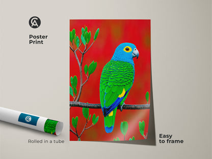 This museum-quality poster print presents a blue green parrot against a vivid red backdrop. Easy to frame this tropical bird artwork brings exotic nature into your home. Rolled in a tube for protection and convenience.