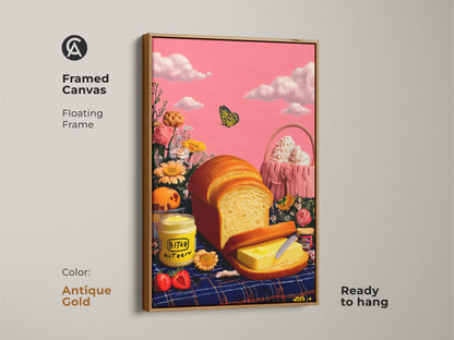 Framed canvas featuring surreal bread and butter artwork that's ready to hang. The floating frame shown in antique gold. This whimsical kitchen art shows a pink sky and a yellow butterfly.