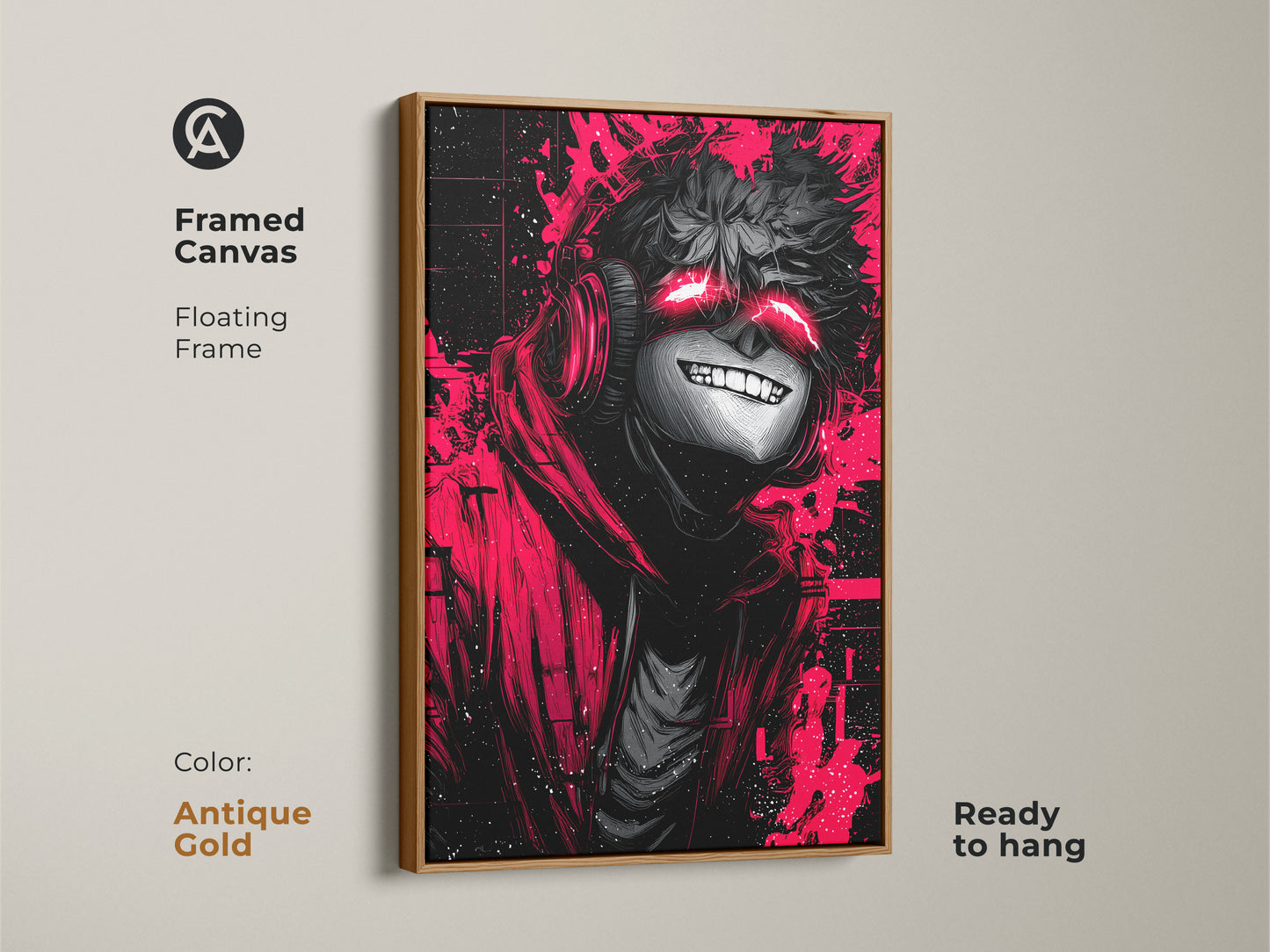 Add a touch of glam to your decor with this framed canvas art. It features an anime character with glowing red eyes in an antique gold floating frame. The artwork arrives ready to hang. This art is sure to impress.