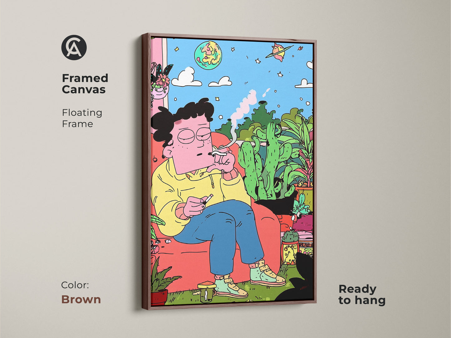 Framed canvas art with a floating frame in brown. This artwork features a figure relaxing indoors surrounded by plants smoking. The framed canvas is ready to hang. It adds a warm touch to any room. The brown frame complements the art's style.