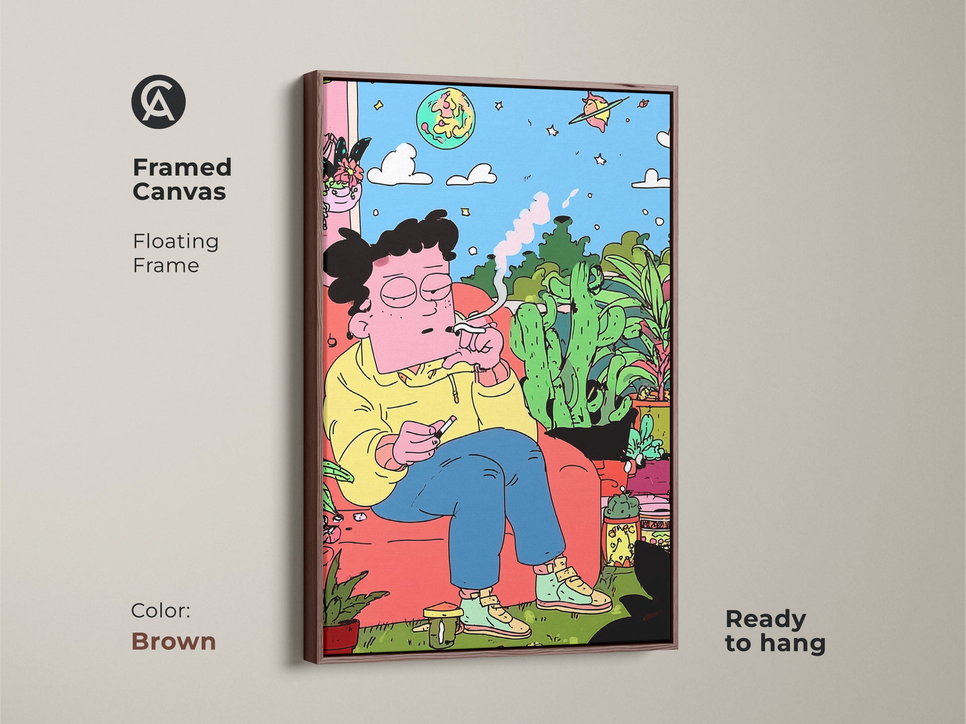 Framed canvas art with a floating frame in brown. This artwork features a figure relaxing indoors surrounded by plants smoking. The framed canvas is ready to hang. It adds a warm touch to any room. The brown frame complements the art's style.