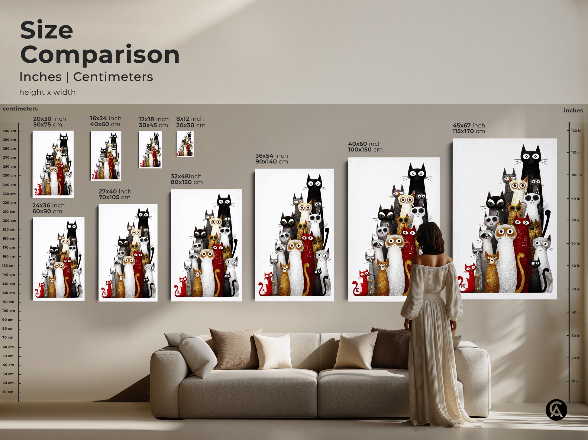 Size comparison of eclectic cat artwork in inches and centimeters. The black white and red animal art is displayed in various sizes ideal for any space. This unique feline home decor is a great gift for cat moms and dads bringing a modern touch to their home.
