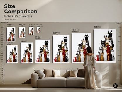 Size comparison of eclectic cat artwork in inches and centimeters. The black white and red animal art is displayed in various sizes ideal for any space. This unique feline home decor is a great gift for cat moms and dads bringing a modern touch to their home.