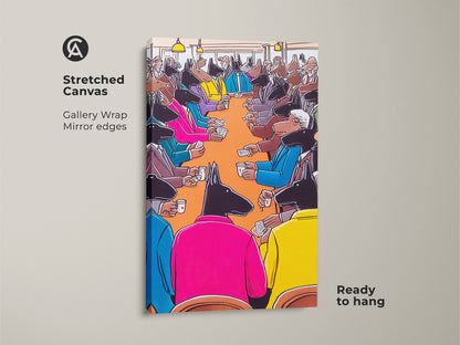 A stretched canvas showcases dogs playing poker. The gallery wrap features mirror edges. This surreal dog art wall art is ready to hang. It adds an eclectic touch with pink yellow and orange hues. Get this cartoon dog print for unique office decor.