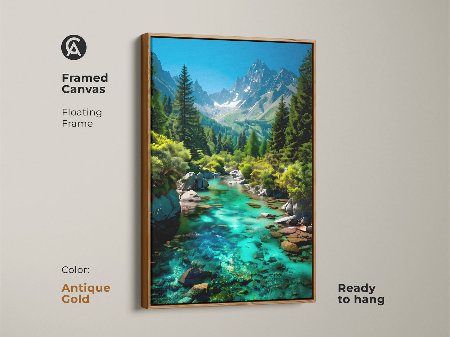 Framed canvas showcasing a mountain river landscape. The antique gold floating frame adds a touch of sophistication. Emerald green and turquoise landscape art is ready to hang. Contemporary nature canvas perfect for bedroom wall art. This scenic landscape print makes a great gift for nature lovers.