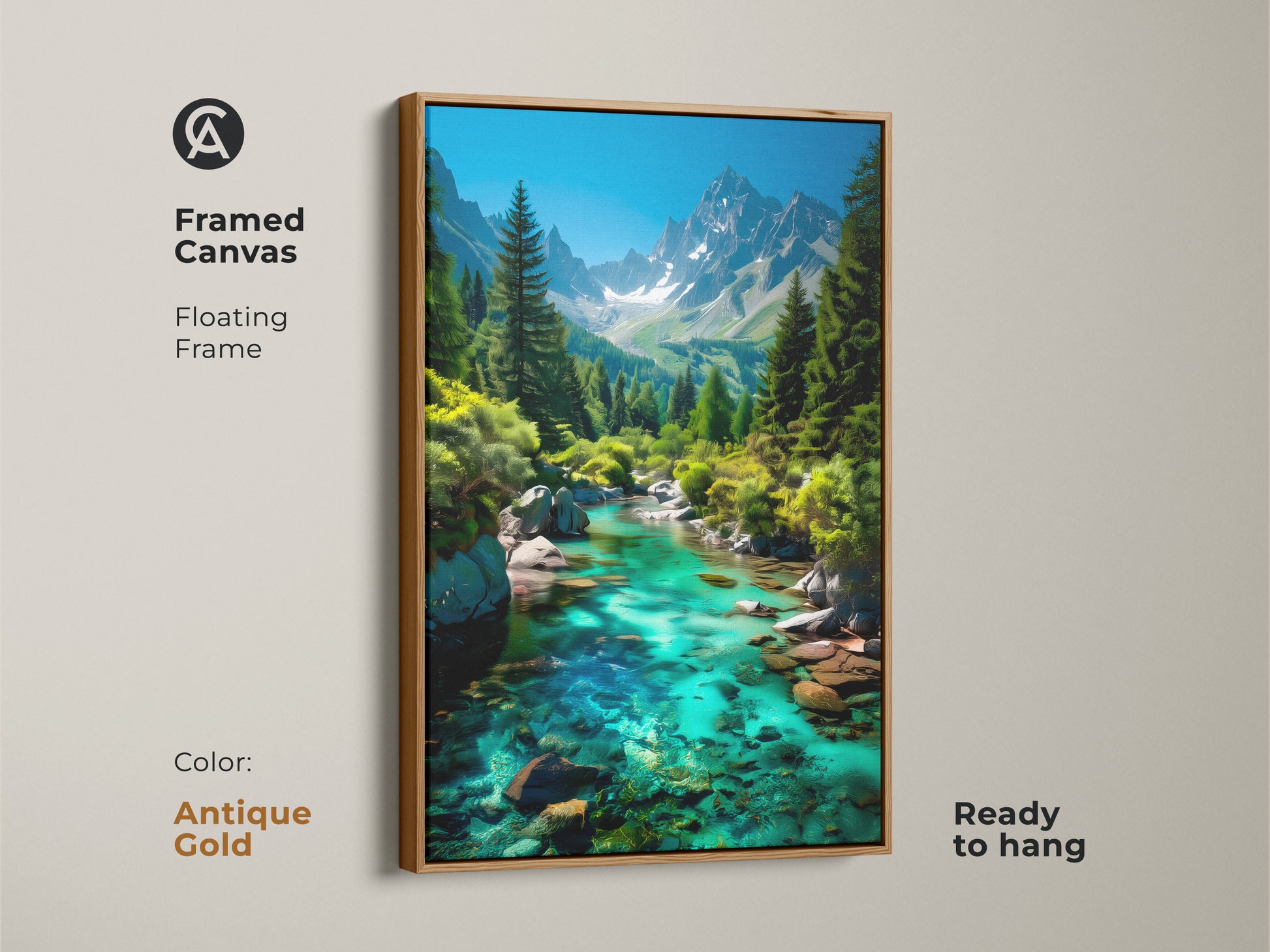 Framed canvas showcasing a mountain river landscape. The antique gold floating frame adds a touch of sophistication. Emerald green and turquoise landscape art is ready to hang. Contemporary nature canvas perfect for bedroom wall art. This scenic landscape print makes a great gift for nature lovers.