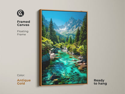 Framed canvas showcasing a mountain river landscape. The antique gold floating frame adds a touch of sophistication. Emerald green and turquoise landscape art is ready to hang. Contemporary nature canvas perfect for bedroom wall art. This scenic landscape print makes a great gift for nature lovers.