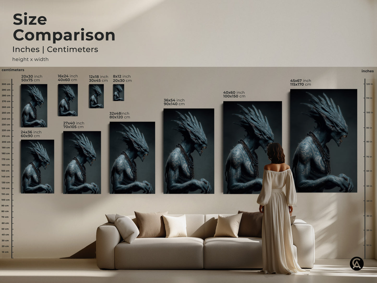 Compare sizes of the blue alien warrior art in inches and centimeters. See how the artwork fits above a sofa providing a sense of scale. Available as canvas or poster prints. It transforms your living space with unique sci-fi artwork.