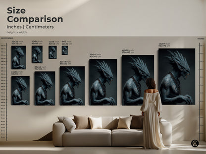 Compare sizes of the blue alien warrior art in inches and centimeters. See how the artwork fits above a sofa providing a sense of scale. Available as canvas or poster prints. It transforms your living space with unique sci-fi artwork.