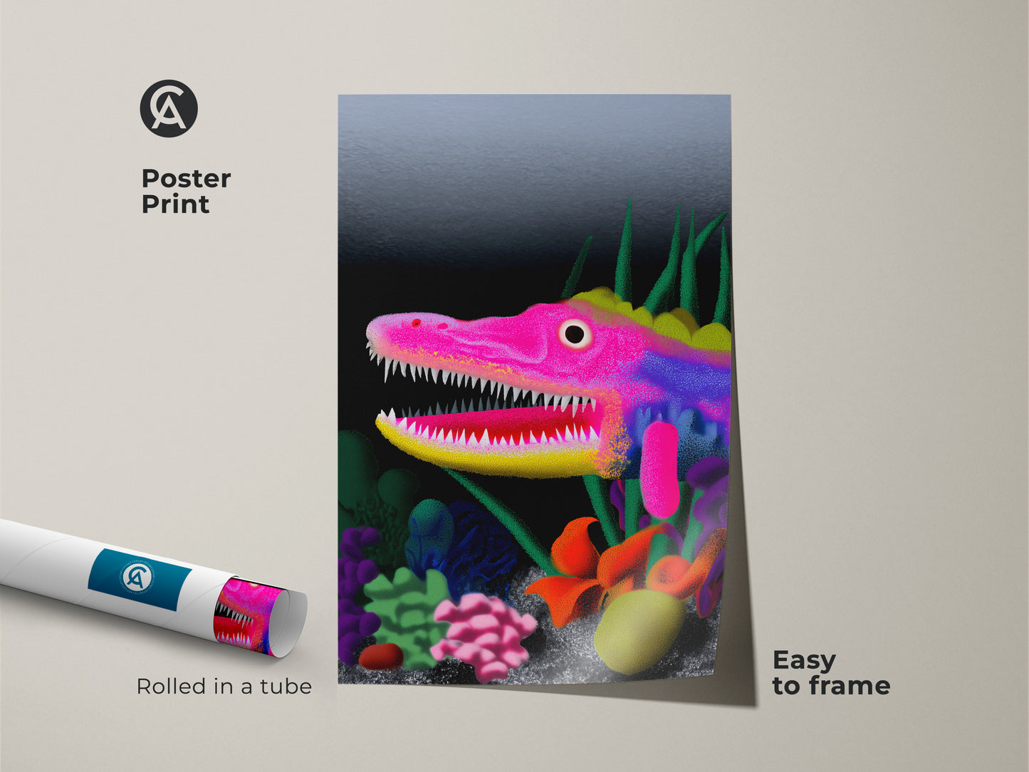 This is a poster print of a surreal dragon wall art. It's an underwater fantasy decor in hot pink yellow purple. This eclectic art is a great gift for dragon lovers. Easy to frame for den decoration.