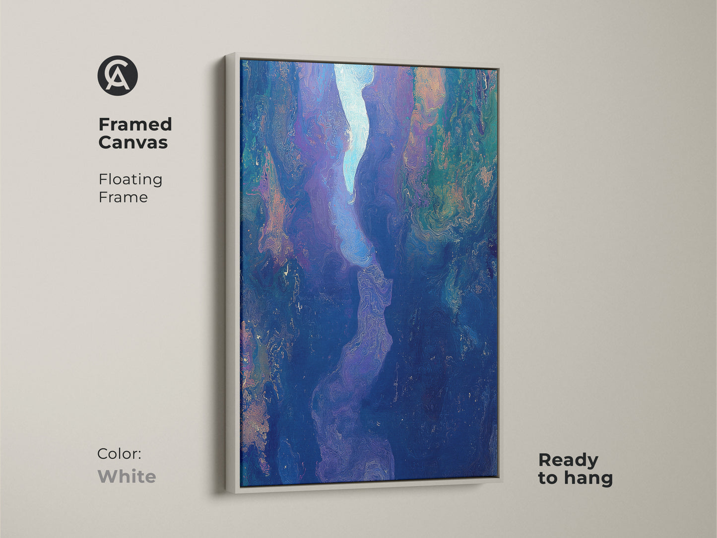 Framed canvas featuring abstract fluid art with a white floating frame. The deep blue purple art print offers contemporary river canyon artwork. Ready to hang this piece will elevate your bedroom or living room decor.