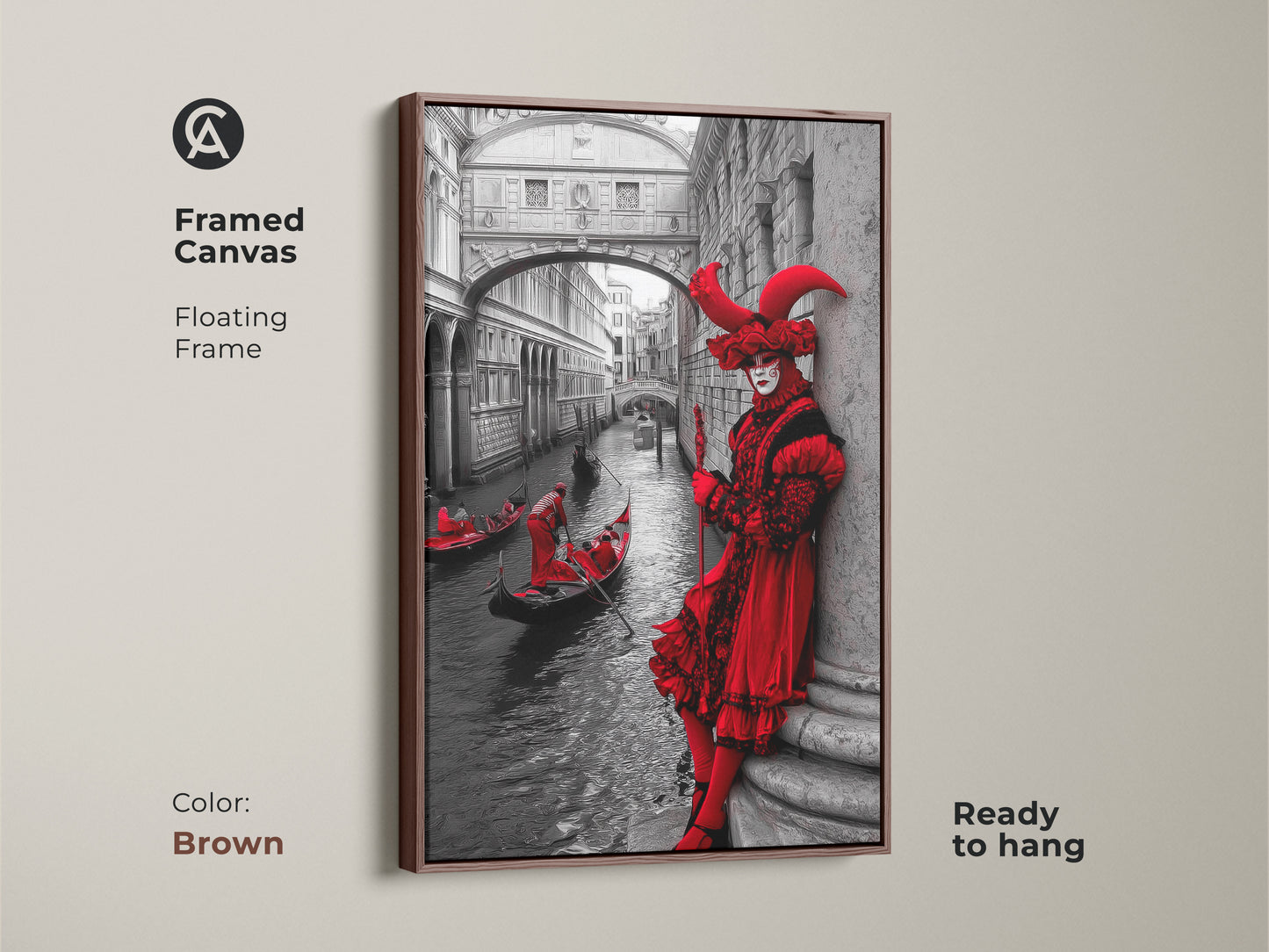 Elevate your decor with a Venice Carnival masked figure art print. This features a crimson red gondola against a black & white Venice architecture backdrop. Encased in a brown floating frame canvas. This artwork adds an eclectic touch to any room. A thoughtful Carnival Season gift.