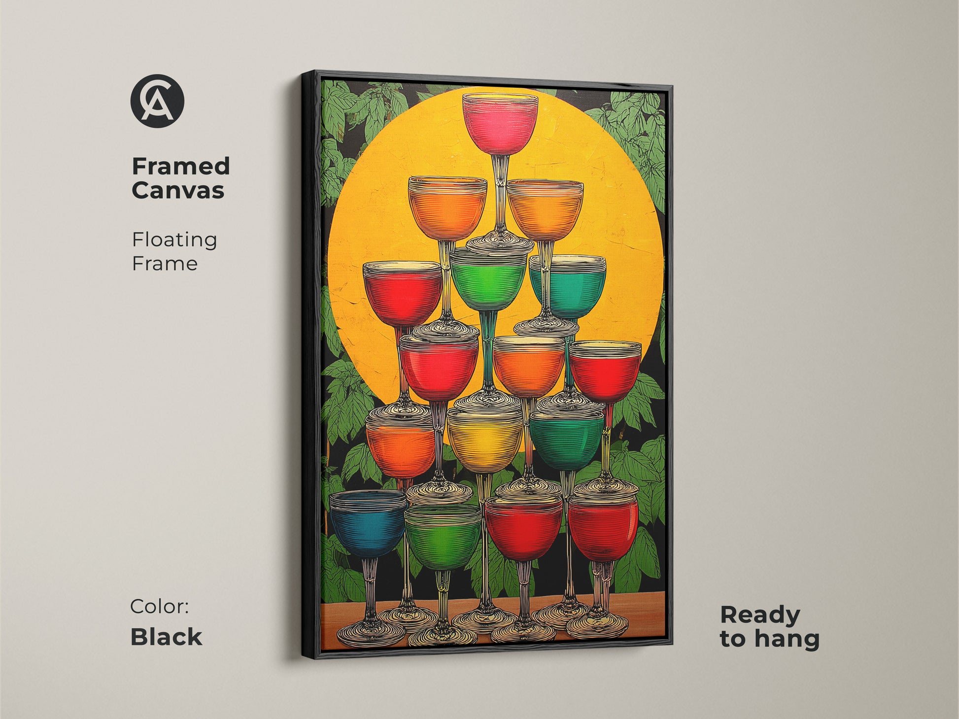 Black framed canvas of an Art Deco Champagne Tower. The cocktail glasses art uses yellow orange and green colors. This eclectic piece is ready to hang adding a touch of elegance to your home bar artwork.