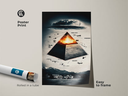 This rolled poster print features a surreal pyramid with symbolic aircraft art. It is presented in deep blue fiery orange & gray tones. Easy to frame it adds a conceptual touch to any room. Ideal for eclectic home styles. The artwork makes a unique gift for conspiracy theorists. This piece provokes analytical thinking
