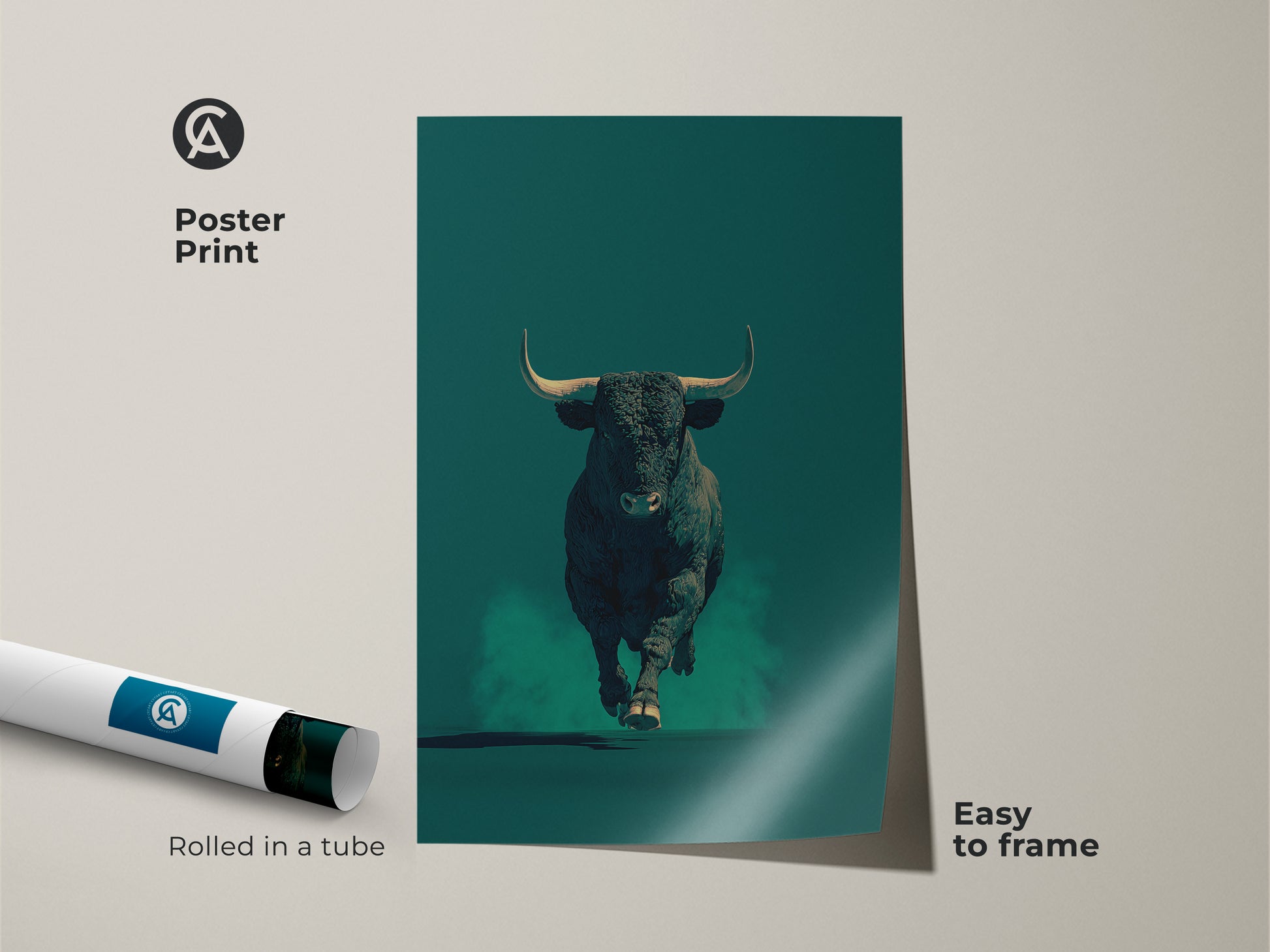 Poster print of a bull canvas print in dark teal. This modern animal artwork is easy to frame. Rolled in a tube for protection. Ideal for adding a touch of wildlife art to your space. A great option for any room.