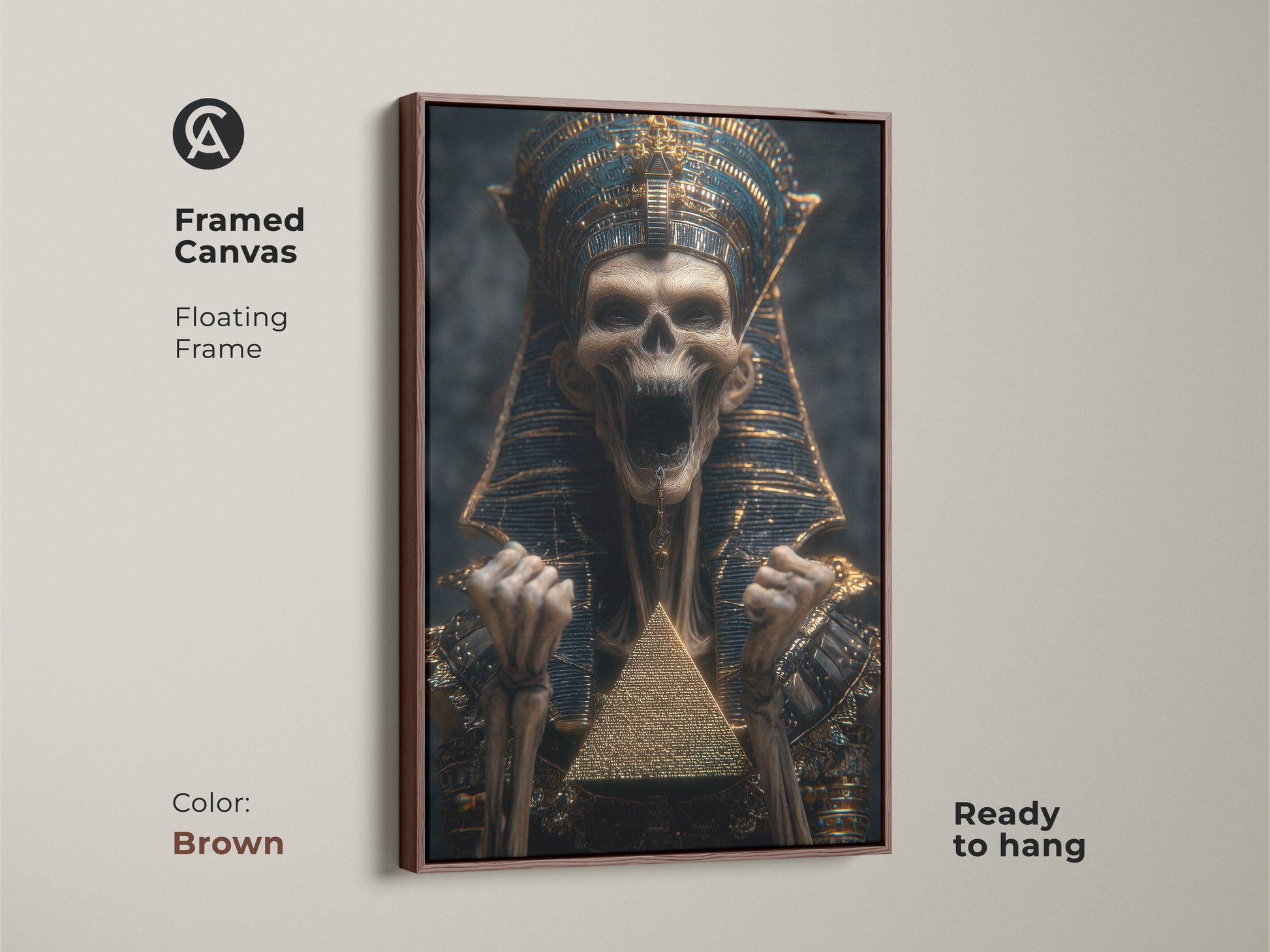 A framed canvas displays a skeleton pharaoh with a brown frame. This piece of Egyptian art is ready to hang. It combines gothic elements with a pyramid motif. This is an excellent treasure pyramid art.