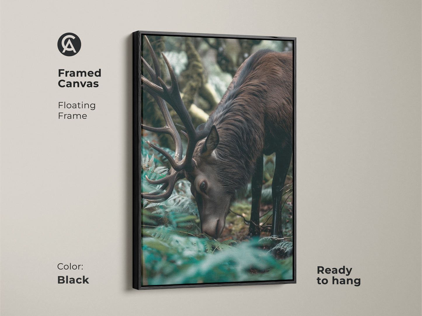 Framed canvas print of a majestic elk. This rustic forest green artwork brings wildlife into your home. The photorealistic deer nature decor is ready to hang. Perfect for a bedroom or living space. Black frame.