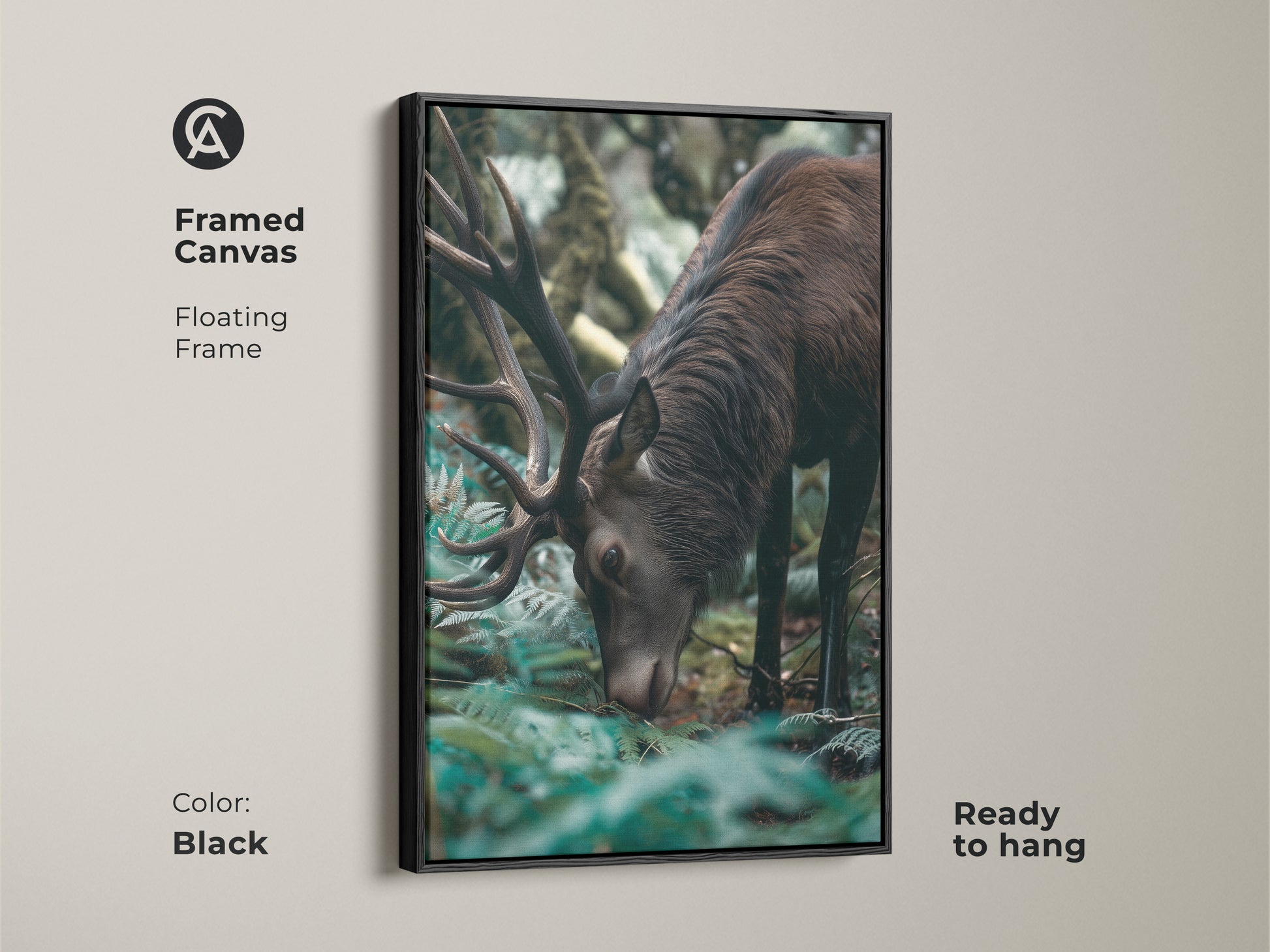 Framed canvas print of a majestic elk. This rustic forest green artwork brings wildlife into your home. The photorealistic deer nature decor is ready to hang. Perfect for a bedroom or living space. Black frame.