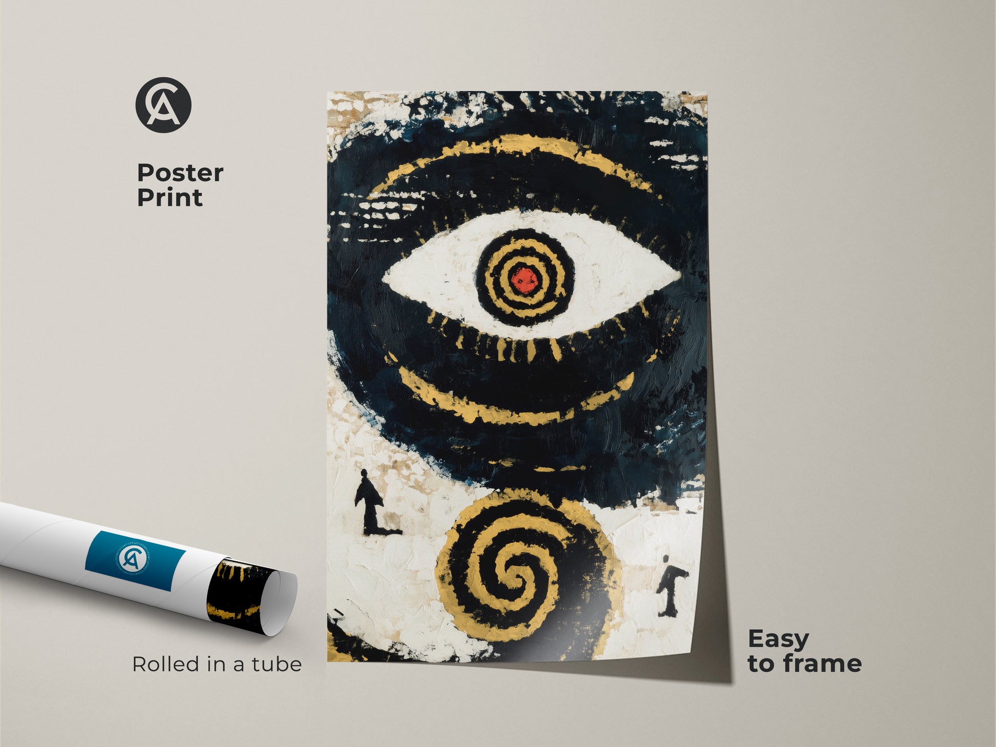 Poster Print of Abstract Eye Wall Art rolled in a tube. The navy black and gold canvas is easy to frame. Showcase spiritual symbolism art with modern eclectic decor. This unique abstract painting makes a great housewarming gift or addition to an office wall.