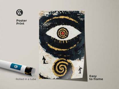 Poster Print of Abstract Eye Wall Art rolled in a tube. The navy black and gold canvas is easy to frame. Showcase spiritual symbolism art with modern eclectic decor. This unique abstract painting makes a great housewarming gift or addition to an office wall.