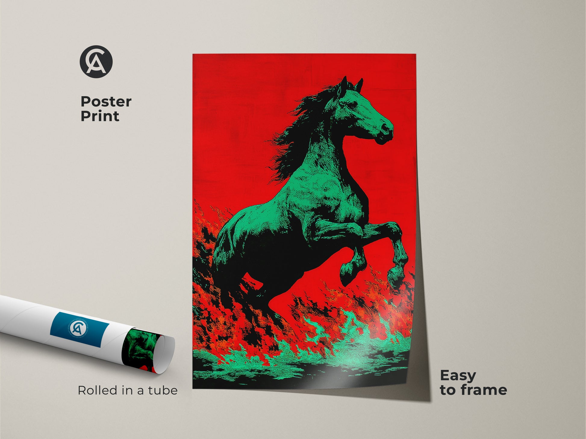 Poster print of a green horse in a dynamic pose. This pop art style artwork features a red and orange backdrop. It is rolled in a tube for easy framing. It is an ideal horse lover gift idea. This vibrant horse painting adds color to any room. It is perfect for entryway wall art.