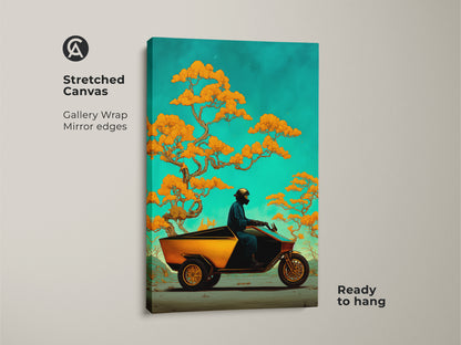 This stretched canvas features surreal trike wall art with a digital bonsai tree. Ready to hang this fantasy nature artwork adds orange yellow and teal to your home. Perfect eclectic adventure decor.