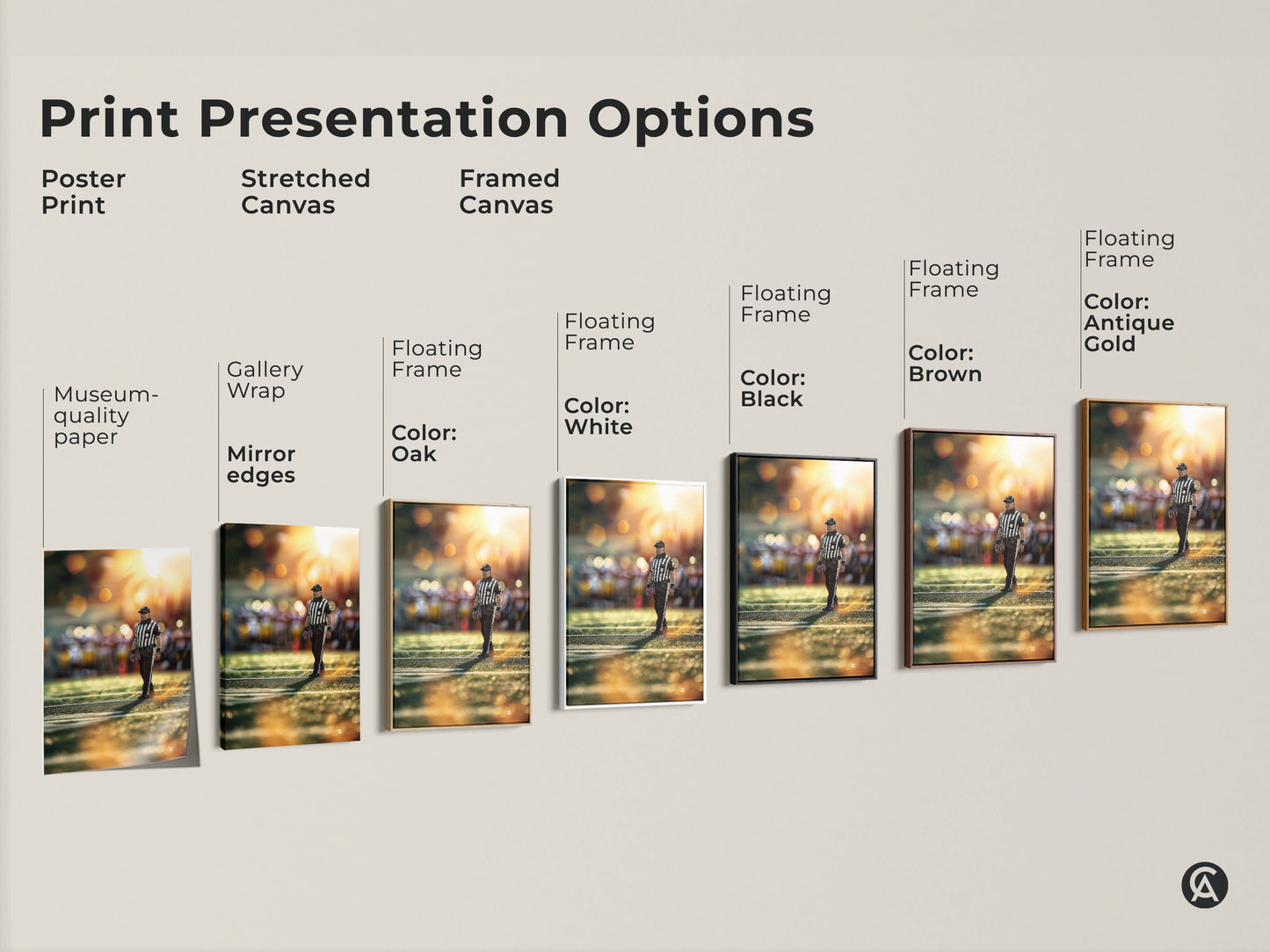 Explore print presentation options for sports referee wall art. Choose from poster prints stretched canvas or framed canvas. Each option highlights the golden hour field scene. Find the perfect style for your office decor.