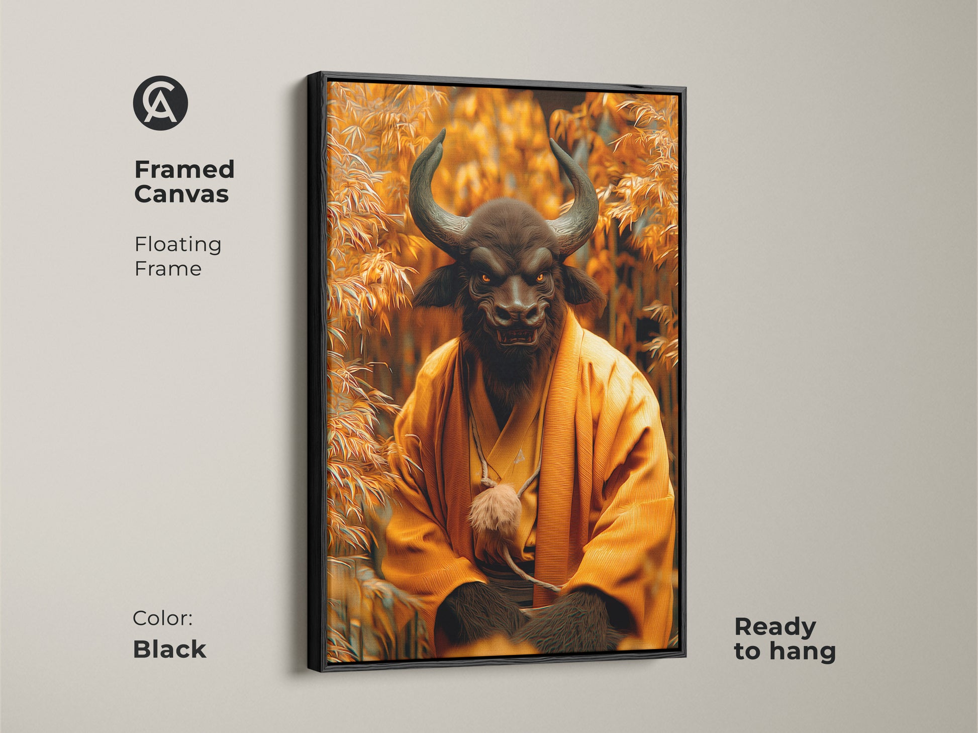 Framed Canvas artwork showcases a Minotaur Monk in a floating frame. The black frame accentuates the artwork. This piece is ready to hang. The blend of fierce mythology and peaceful meditation makes it a unique decor choice. It will enhance your living room.