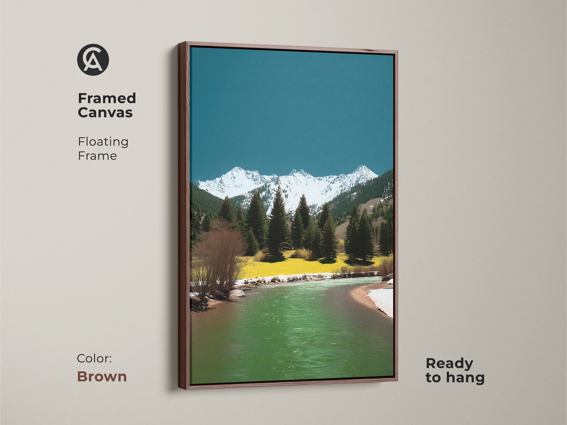 Framed canvas with a floating frame featuring a mountain river artwork. The brown frame complements the pine trees snowy peaks and teal-green water. Ready to hang this artwork brings nature into your home. Ideal for a cozy living space.