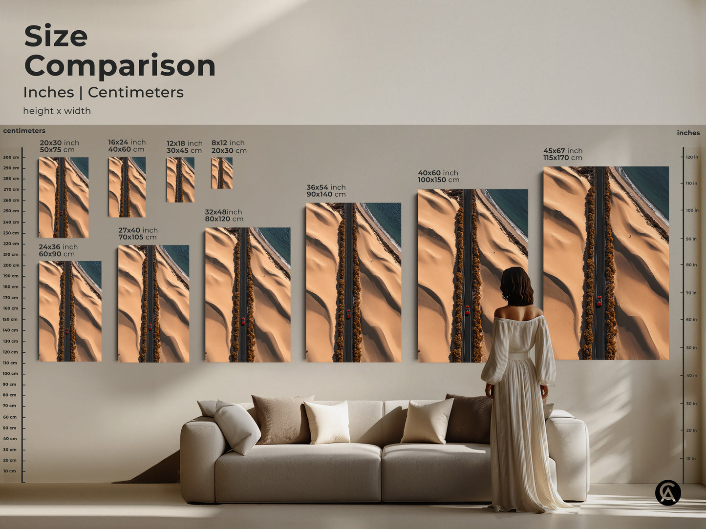 Compare sizes of this desert road art print featuring a red car. Visualize the canvas in inches and centimeters. See how different sizes fit above a sofa. Choose the ideal size for your living room or office. Perfect for travel enthusiasts. This modern desert art makes a unique home art statement.