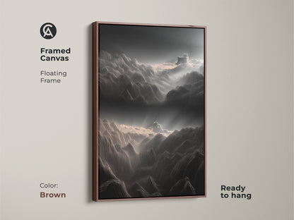 Framed canvas with floating frame in brown showcasing minimalist mountain line art. The dark gray and white abstract landscape adds sophistication. Ready to hang for a serene mountain vista.